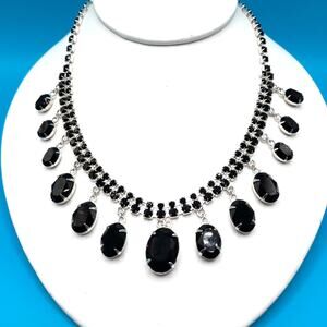 Vintage Style Black Rhinestone Dangle Necklace, Silver Tone, 18 1/2 Inches